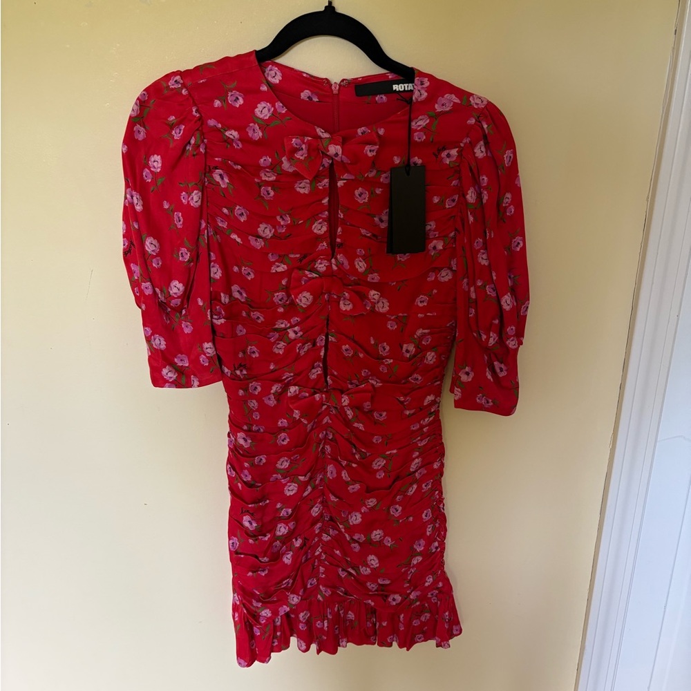 Vibrant Red Floral Mini Dress with Ruched Design and ruffles